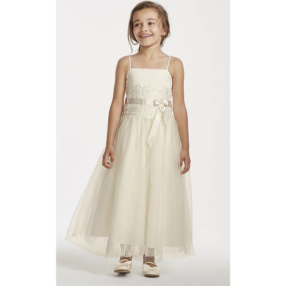 David's Bridal child size 4 formal dress beige & white flower girl jr bridesmaid - Picture 1 of 16